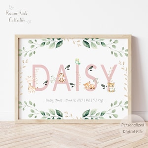 Personalisiertes Dschungeltier Name Print mit Geburtsdaten | Baby Mädchen Digitale Kunst fürs Kinderzimmer | Safari Thema Namen Poster | Safari Kinderzimmer Dekor