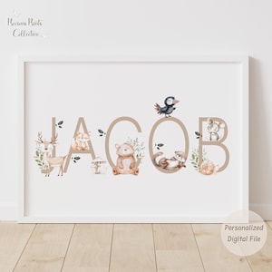 Stampa con nome di animale del bosco e dati di nascita / Incorniciata o digitale / Decorazione murale personalizzata per la cameretta del bambino / Decorazione per la cameretta del bambino / Tema foresta