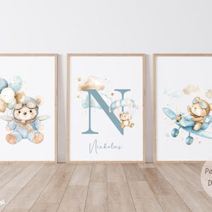Personalized Boy Nursery Wall Art | Aviation Teddy Bear Name Print Set | Blue Airplane Baby Room Decor | Boy Nursery Prints