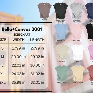 Bella Canvas 3001 unisex sizing chart with details on fit and measurements; this shirt offers a modern retail fit with side seams, soft cotton, and lightweight comfort.