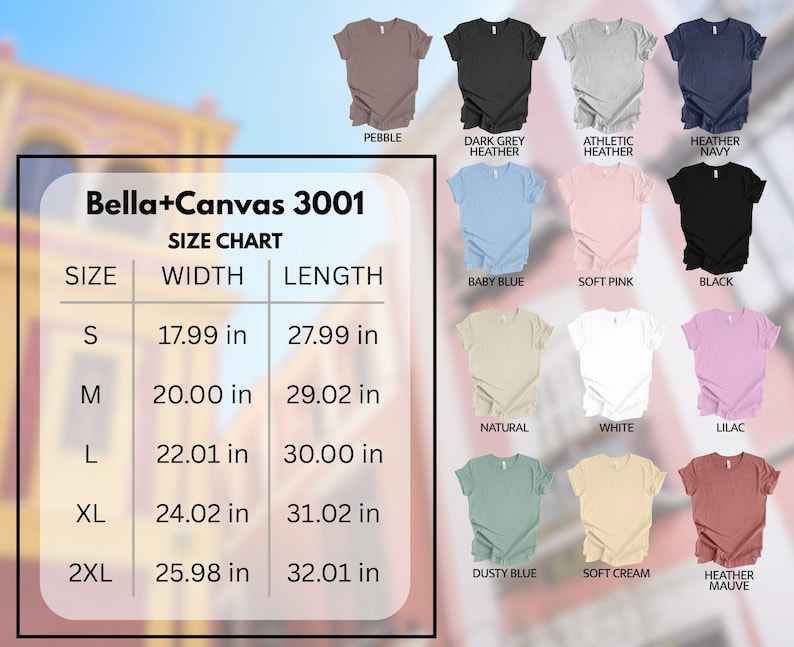 Bella Canvas 3001 unisex sizing chart with details on fit and measurements; this shirt offers a modern retail fit with side seams, soft cotton, and lightweight comfort.