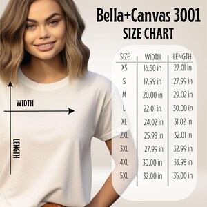 Bella Canvas 3001 unisex T-shirt size chart showing measurements for chest width and body length across sizes S to 2XL, for accurate sizing and fit guidance.