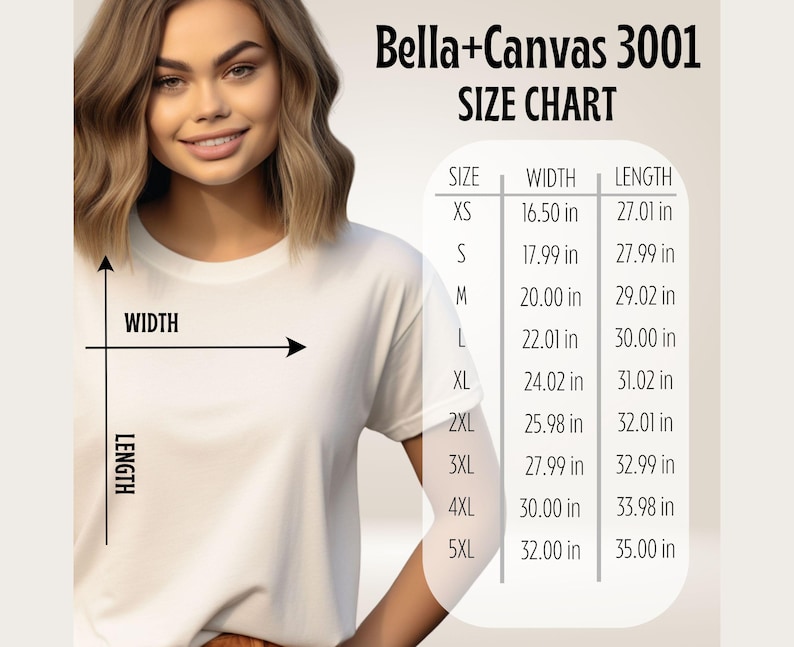 Bella Canvas 3001 unisex T-shirt size chart showing measurements for chest width and body length across sizes S to 2XL, for accurate sizing and fit guidance.