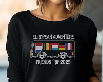 Maglietta a maniche lunghe "European Adventure Friends Trip", abbigliamento per viaggi di gruppo 2025