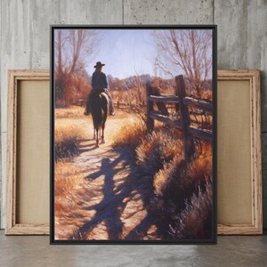 Cowgirl Horseback Riding Wall Art, Rustic Western Trail Print, Sunset Cowboy Canvas, Country Farmhouse Ranch Decor
