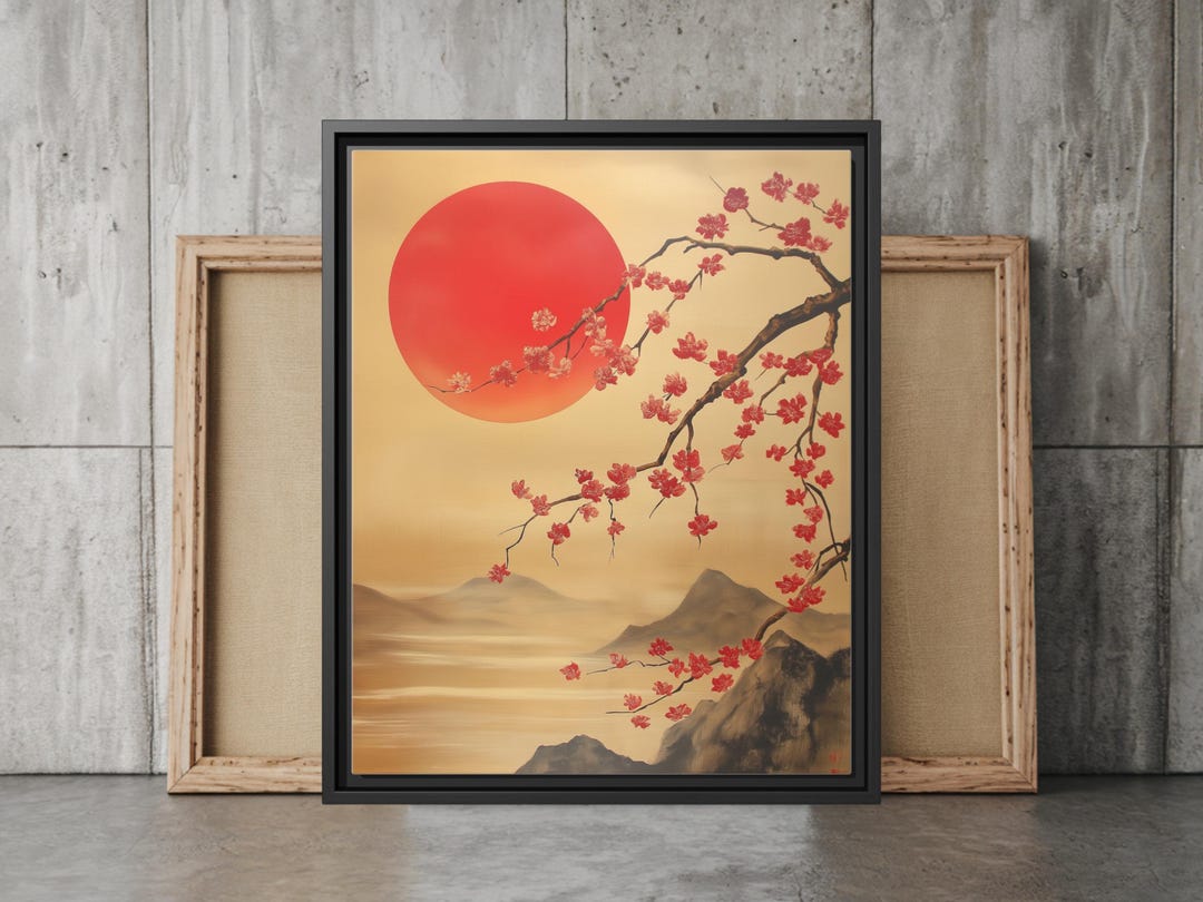 Japanese Cherry Blossom Wall Art, Red Sun and Sakura Painting, Asian ...