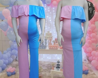 Gender reveal ruffled off the shoulders maternity Dress or Jumpsuit/photoshoot maternity/gender reveal gown,pink, blue/Pregnancy jumpsuit