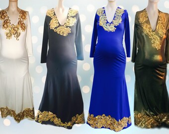 Maternity Gown/ V-neck gold laced embellishments mermaid bottom, Baby shower Dress/ maternity Gender Reveal, Prom, bridal, pregnancy Dresses