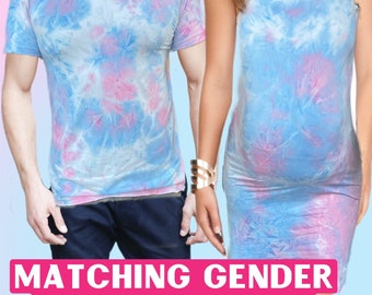 Gender reveal matching, couples maternity outfits/ mens pink/blue T-Shirts, photoshoot maternity/gender reveal gown, baby-shower/