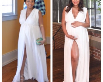 Maternity Plunging neckline sleeveless chiffon overlay, maternity photos, baby shower dress, Goddess maternity dress, gender reveal, prom,