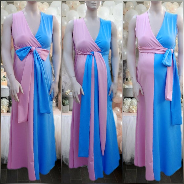Gender reveal Dress V-neck flowy bottom/ maternity gown/ baby shower dress/ photo shoot maternity/gender reveal gown/ pink and blue dress
