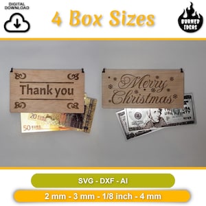 Cadeau tirelire SVG fichier coupé, modèles de boîtes en bois, cadeau d'anniversaire cadeau tirelire SVG, boîte cadeau personnalisé billets de banque, boîtes Dollar Euro SVG