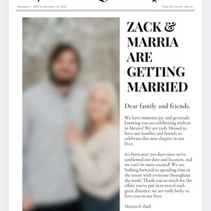 May include: A wedding announcement in the style of a newspaper. The headline reads "Zack & Marria Are Getting Married". The announcement includes a blurred photo of the couple and a message to family and friends.