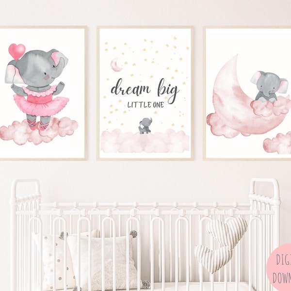 Dream big little one art print, Nursery decor elephant, Moon and Stars, Pink nursery art, Wall art for baby room, elephant, baby girl