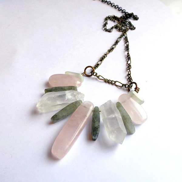 crystal point necklace, rose quartz, labradorite, moonstone, bohemian gemstone bib fringe necklace, unique, ooak, fringe necklace