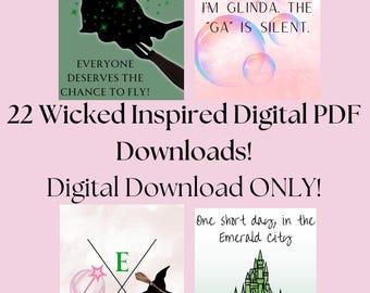Könnte beinhalten: Ein digitaler Download von 22 druckbaren PDF-Dateien, inspiriert vom Film Wicked. Die Bilder zeigen eine Silhouette einer Hexe, die auf einem Besen fliegt, ein grünes Schloss mit einem gelben Ziegelsteinweg und eine Blase mit dem Text "Ich bin Glinda. Das "GA" ist stumm."
