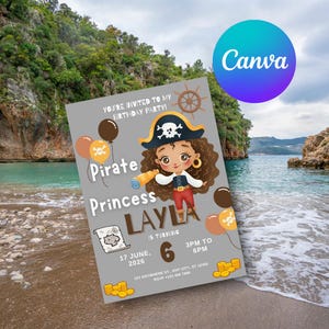 Pirate Princess Birthday Invitation, Girls Pirate Party Invite, Printable Themed Birthday Card for Kids, instant downloads, Swashbuckling