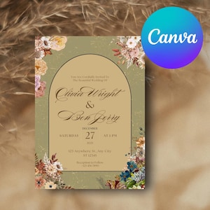 Rustikale Boho-Hochzeitseinladungsvorlage, Herbstblumenhochzeit einladen, bearbeitbare Canva Speichern Sie die Datumseinladung, druckbare Hochzeitsansage