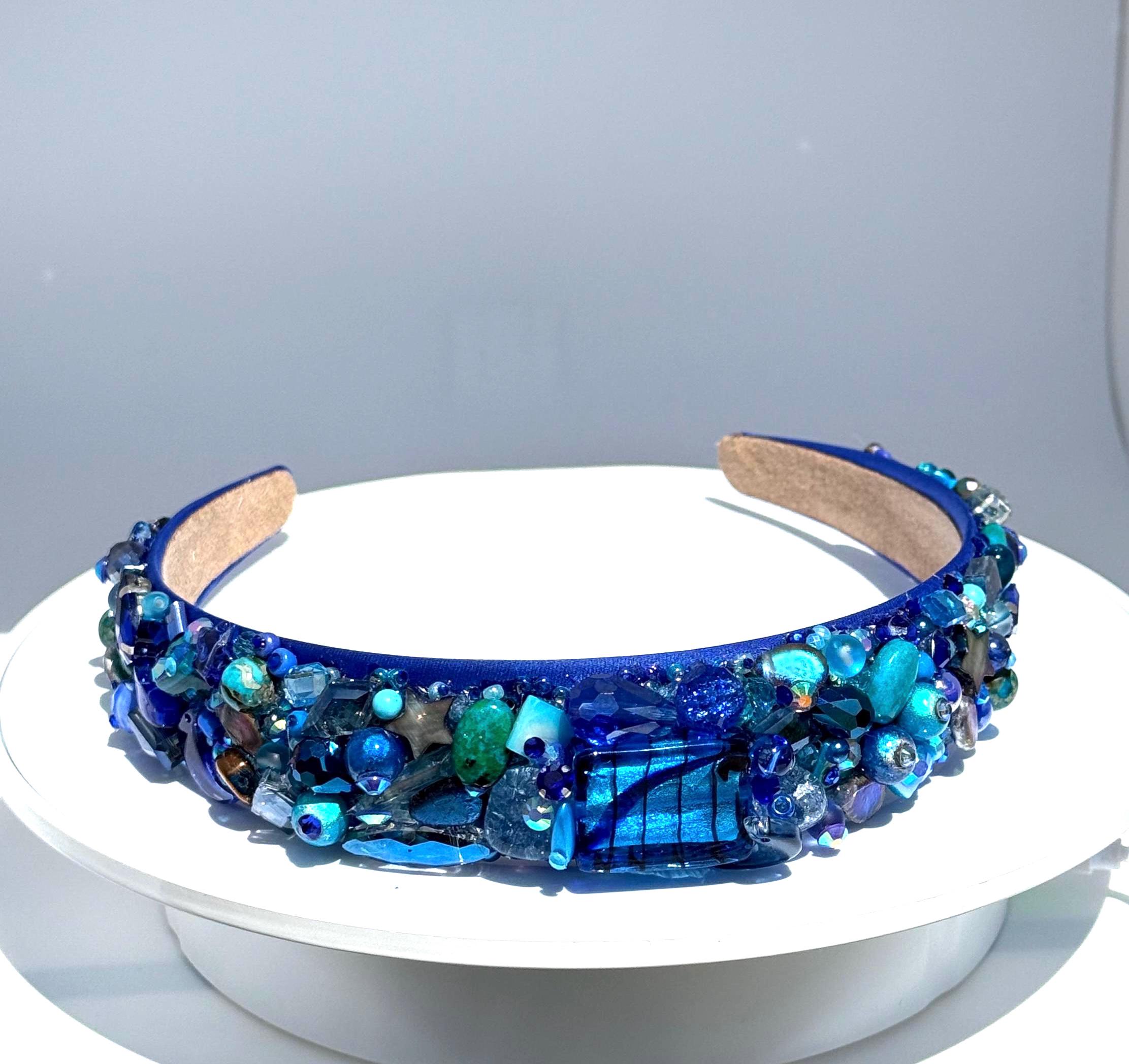 Handmade Jeweled Ocean Headband: Sapphire Blue Crown Hair
