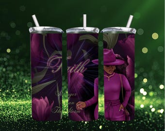May include: Three stainless steel tumblers with a purple floral design and the words "Faith is stronger than the storm".