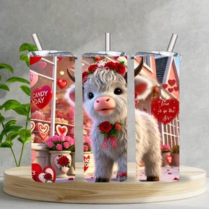 Könnte beinhalten: Drei Edelstahlbecher mit Valentinstag-Motiv. Die Becher zeigen eine weiße Highland-Kuh mit rosa Akzenten und Herzen. Der Text auf den Bechern lautet "Candy Day" und "Love is in the Air".