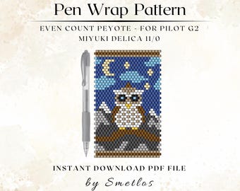 Patrón de envoltorio para bolígrafo con cuentas Night Owl, patrón de cuentas Miyuki, envoltorio para bolígrafo con cuentas de semillas, funda para bolígrafo Peyote, patrón de abalorios DIY, PDF de abalorios