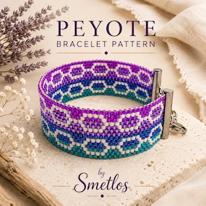 Elma Seed Bead Bracelet Pattern, Even Count Peyote Stitch PDF, Miyuki Delica 11/0 Cuff, Purple Turquoise Jewelry Tutorial
