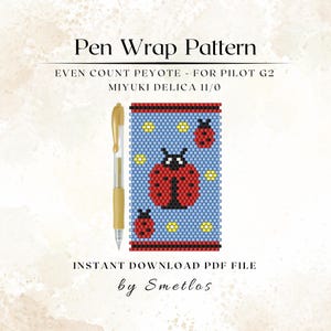 May include: A pen wrap pattern with a ladybug design. The pattern is made with blue, red, black, and yellow beads. The text on the image says "Pen Wrap Pattern" and "Instant Download PDF File by Smetlos."