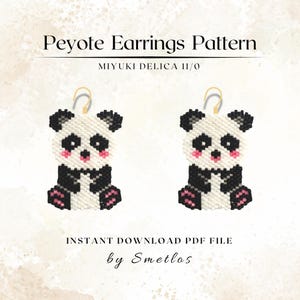 May include: A digital PDF pattern for Peyote stitch earrings. The earrings are designed as panda bears, featuring black, white, and pink beadwork. The text on the image reads "Peyote Earrings Pattern" and "MIYUKI DELICA 11/0". The pattern is an instant download by Smetlos.