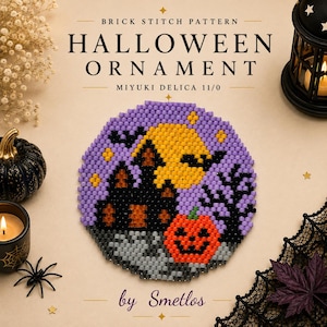 May include: A circular brick stitch pattern Halloween ornament made with Miyuki Delica 11/0 beads. The design features a yellow full moon, a black haunted house, a bright orange jack-o'-lantern, and purple sky with stars. Text reads: BRICK STITCH PATTERN HALLOWEEN ORNAMENT MIYUKI DELICA 11/0 by Smetlos.