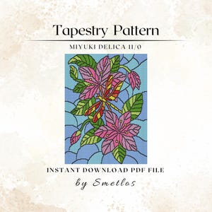 May include: A tapestry pattern design featuring a dragonfly and pink flowers with green leaves against a blue background. The text at the top reads "Tapestry Pattern" and "MIYUKI DELICA 11/0". The bottom text says "INSTANT DOWNLOAD PDF FILE by Smetlos".