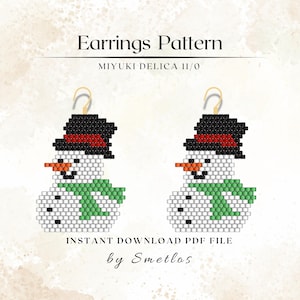 May include: Earrings pattern showing two beaded snowman designs. Each snowman has a black hat with a red band, an orange nose, and a green scarf. The text "Earrings Pattern" and "MIYUKI DELICA 11/0" are at the top. The text "INSTANT DOWNLOAD PDF FILE" and "by Smetlos" are at the bottom.