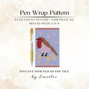 以下が含まれることがあります： 「Pen Wrap Pattern」の文字と、ビーズで鳥がデザインされたペンラップパターンの画像です。「Instant Download PDF File」の文字も含まれています。Pilot G2ペンとMiyuki Delica 11/0ビーズ用です。