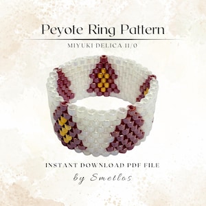 May include: A beaded ring with a white base, featuring burgundy and gold geometric patterns. The text "Peyote Ring Pattern" and "MIYUKI DELICA 11/0" are displayed at the top. The bottom text reads "INSTANT DOWNLOAD PDF FILE by Smetlos."