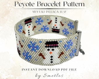 Peyote Bracelet Pattern - Beaded Bracelet PDF, Miyuki Delica 11/0 Seed Bead Pattern, DIY Beading Tutorial, Even Count - Snowman