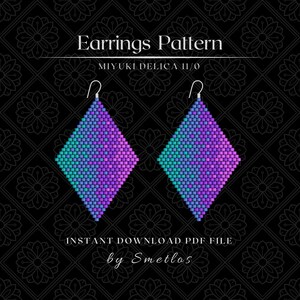 May include: A digital pattern for beaded earrings. The earrings are diamond-shaped with a gradient of teal, purple, and blue beads. The text "Earrings Pattern" and "MIYUKI DELICA 11/0" are at the top. The text "INSTANT DOWNLOAD PDF FILE" and "by Smetlos" are at the bottom.