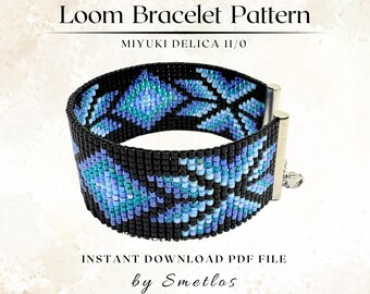 アズリンビーズ織りパターン、ブルーオンブル織りブレスレットパターン、ミユキデリカシードビーズカフPDF、DIYジュエリーチュートリアル