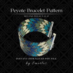 May include: A beaded peyote bracelet pattern in shades of blue, teal, and cream. The bracelet features a geometric design and is secured with silver-toned clasps. The text "Peyote Bracelet Pattern" and "MIYUKI DELICA 11/0" are displayed at the top.