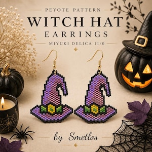 May include: A pair of beaded witch hat earrings crafted with purple, black, and yellow Miyuki Delica 11/0 beads. The earrings feature gold-toned hooks and display a peyote pattern design. Text on the image reads PEYOTE PATTERN WITCH HAT EARRINGS.