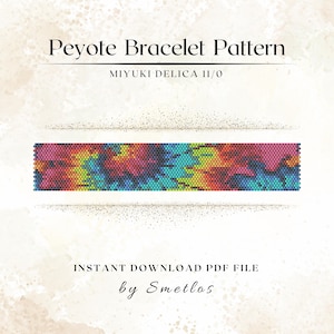 May include: A digital pattern for a Peyote bracelet. The design features a colourful, abstract pattern in shades of pink, yellow, blue, and green. The text reads "Peyote Bracelet Pattern" and "MIYUKI DELICA 11/0". The bottom of the image says "INSTANT DOWNLOAD PDF FILE by Smetlos".