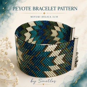 May include: A peyote bracelet pattern made with Miyuki Delica 11/0 beads featuring a geometric design in shades of blue, green, and white. The bracelet has a metallic silver tube clasp and is labelled with the text PEYOTE BRACELET PATTERN.