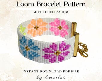 Patrón de pulsera para telar, patrón de cuentas para telar, pulsera de cuentas Miyuki Delica en PDF, tutorial de brazalete floral, descarga instantánea.