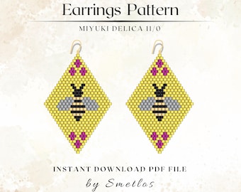 Flower Bee Beaded Earrings Pattern, Miyuki Earrings, Seed Bead Earrings, Brick Stitch, Beadwork PDF, DIY Beading Pattern