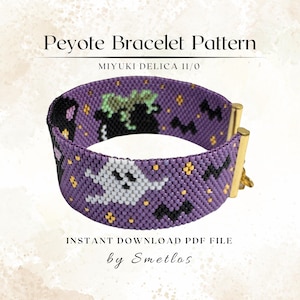 May include: A purple peyote bracelet pattern with a Halloween theme. The beaded bracelet features a ghost, bats, and a cauldron design. The text on the image reads "Peyote Bracelet Pattern" and "Instant Download PDF File by Smetlos."