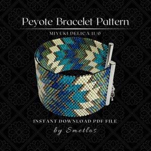 May include: A beaded Peyote bracelet pattern with a geometric design in shades of blue, green, and cream. The bracelet has a silver clasp. The text on the image reads "Peyote Bracelet Pattern" and "Instant Download PDF File by Smetlos."