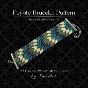 May include: A beaded Peyote bracelet pattern in shades of teal, blue, and cream, with a geometric design. The bracelet is shown against a black background with floral patterns. Text reads "Peyote Bracelet Pattern" and "Instant Download PDF File".