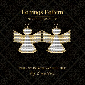 May include: Digital PDF pattern for beaded angel earrings. The earrings are white and gold, with a detailed design. The image includes the text "Earrings Pattern" and "MIYUKI DELICA 11/0". The background is black with a floral pattern. The text "INSTANT DOWNLOAD PDF FILE" is also visible.