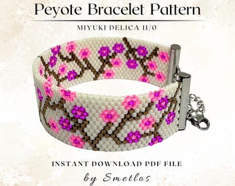 Sakura Peyote Bracelet Pattern, Cherry Blossom Seed Bead Bracelet PDF, Miyuki Delica 11/0, Even Count Beading Tutorial