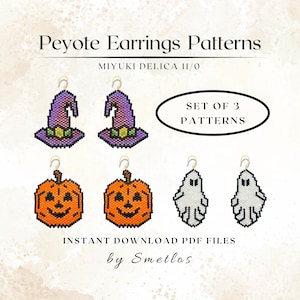 May include: Peyote earrings patterns for Miyuki Delica 11/0 beads. Set of 3 patterns featuring a purple witch hat, an orange jack-o'-lantern, and a white ghost. Includes the text: Peyote Earrings Patterns, MIYUKI DELICA 11/0, SET OF 3 PATTERNS, INSTANT DOWNLOAD PDF FILES, by Smetlos.