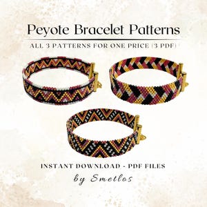 May include: Three colorful beaded Peyote bracelet patterns are displayed. The bracelets feature geometric designs in black, white, pink, and gold. The text reads "Peyote Bracelet Patterns" and "ALL 3 PATTERNS FOR ONE PRICE (3 PDF)". The bottom text says "INSTANT DOWNLOAD - PDF FILES by Smetlos".